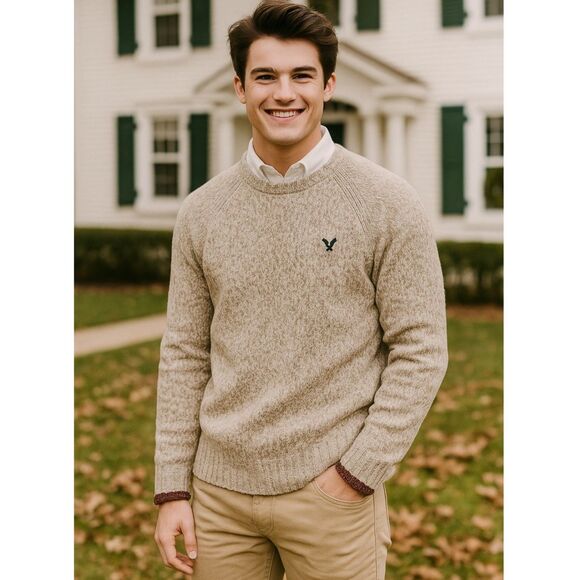 American Eagle Ragg Wool Sweater Mens Size M Preppy Oatmeal Marl Knit Crewneck - Picture 1 of 12